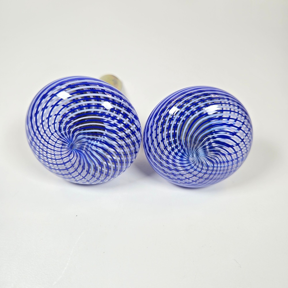 Art Glass Door Knobs Cobalt Blue White Swirl Set of 2 Filigrana Spiral Pattern